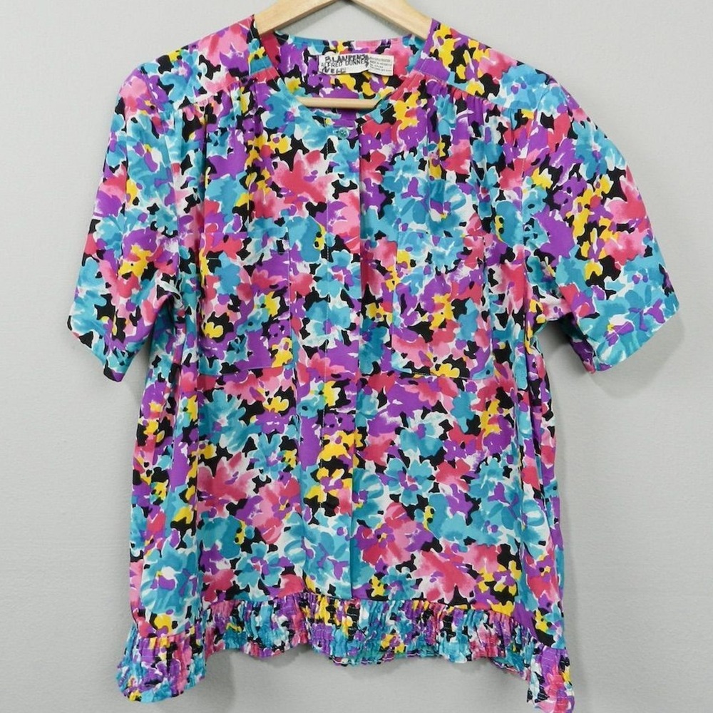 Alfred Dunner Blouse Women Size 10 Multicolor Floral Abstract Smocked Ruffle Hem